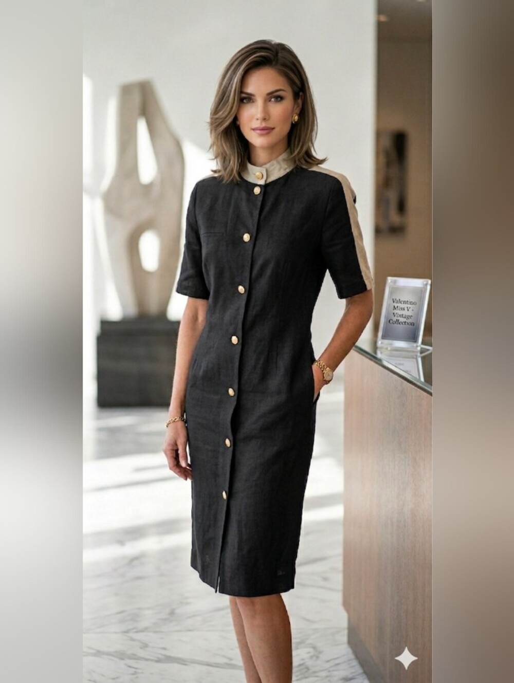 Valentino Miss Vintage Midi Shirt Dress Black with Cream Trim Gold Buttons, M - Picture 2 of 12
